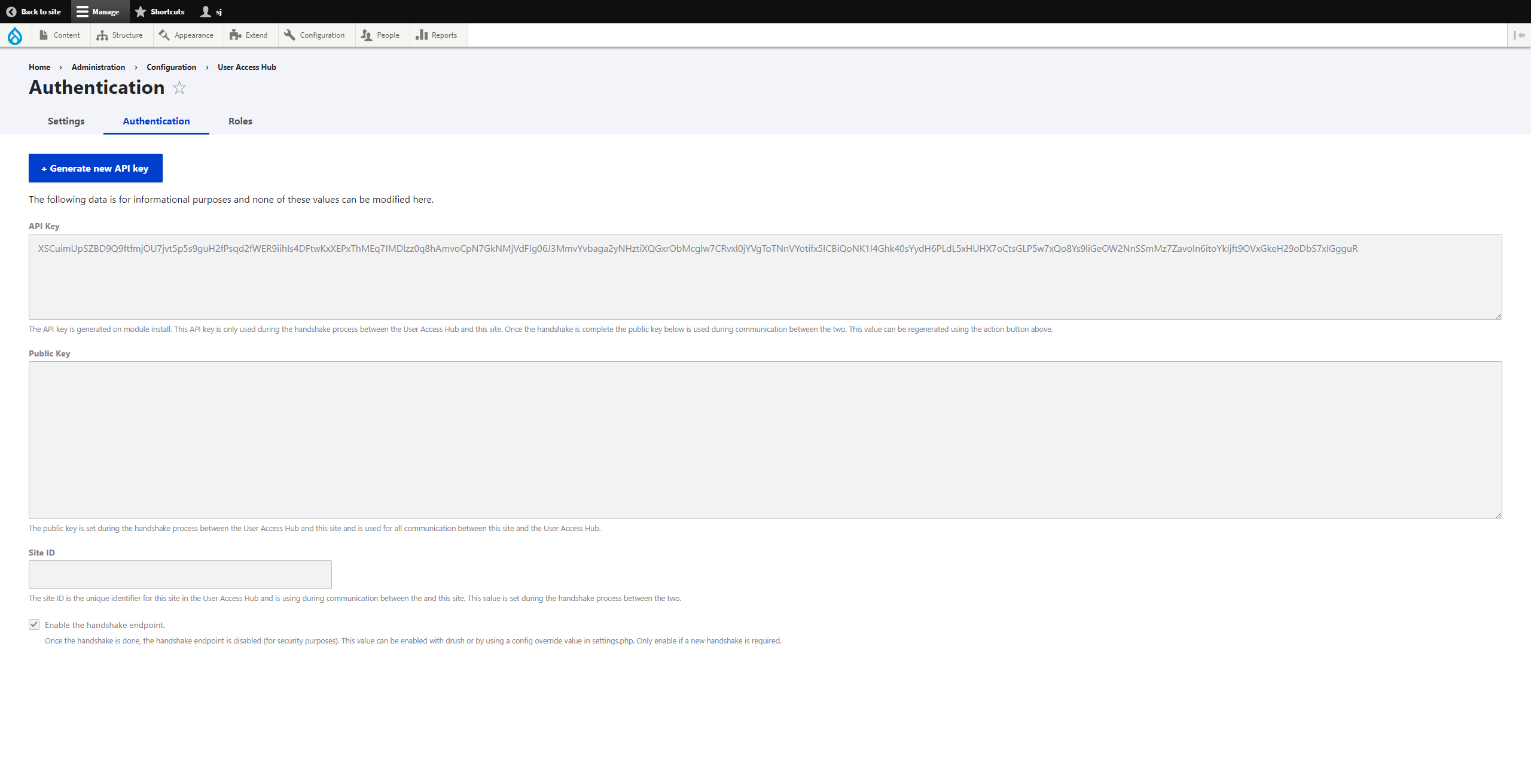 Authentication tab of the site settings for User Access Hub