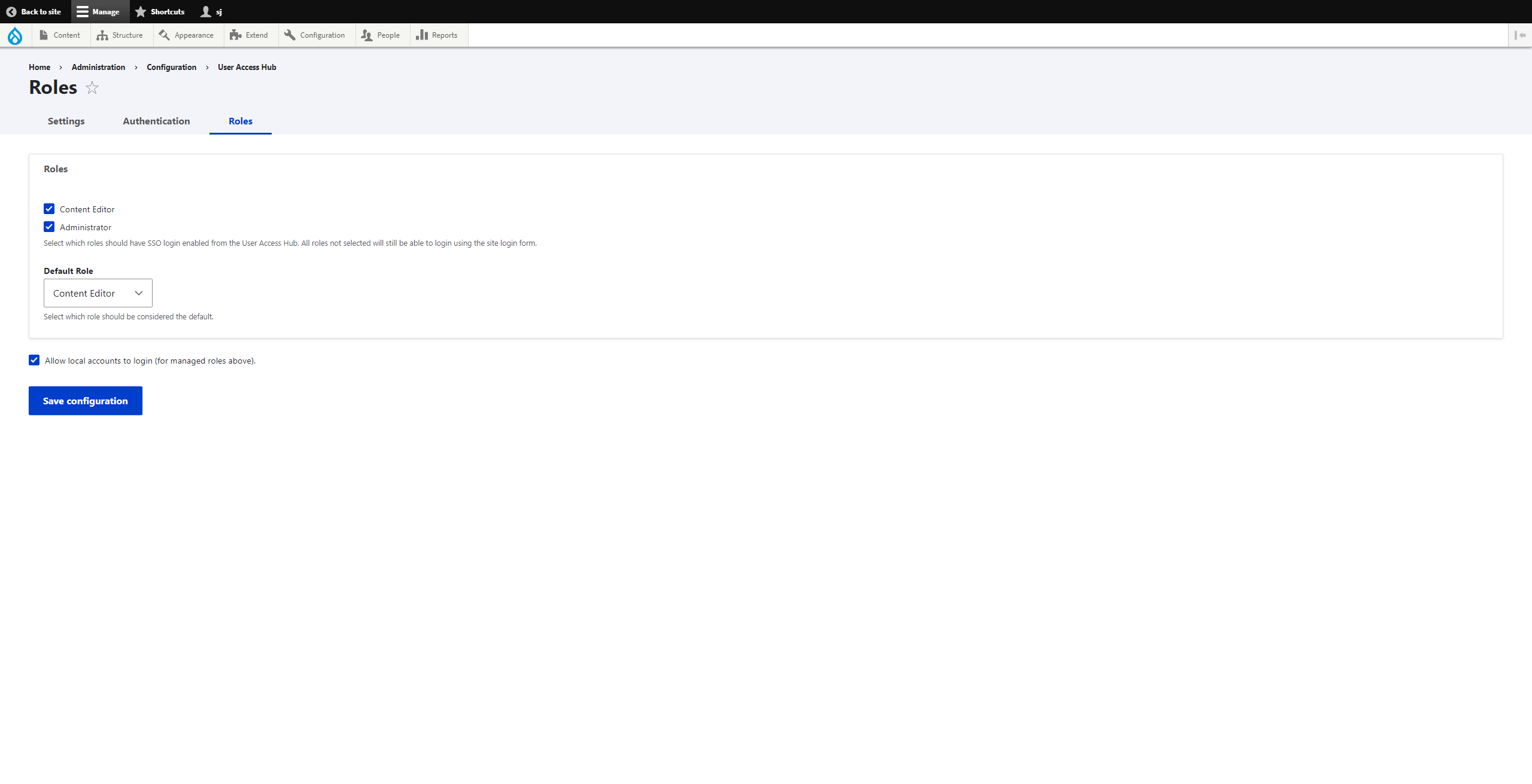 Roles tab of the site settings for User Access Hub