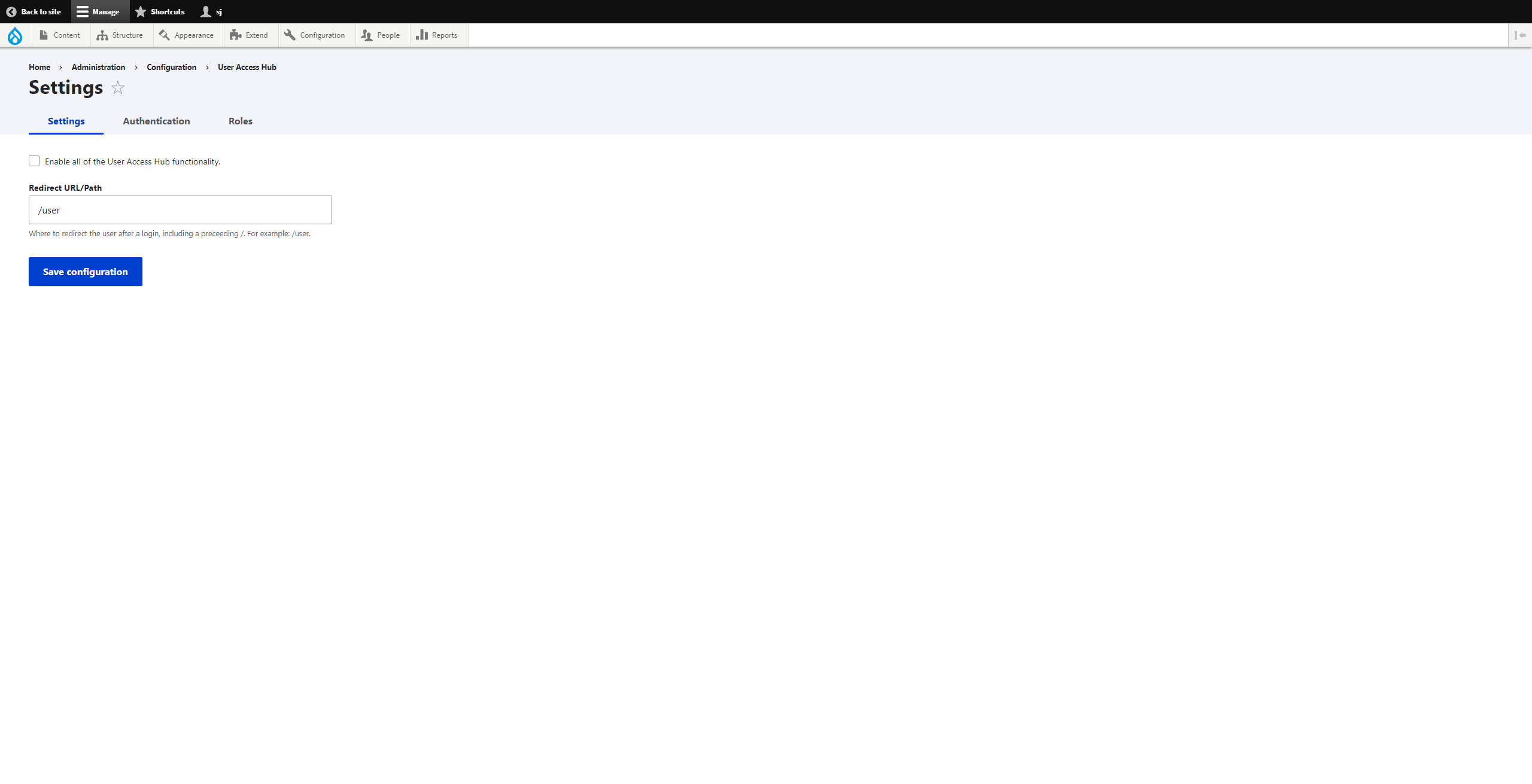 General settings tab of the site settings for User Access Hub